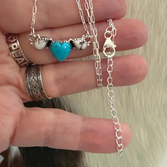 ❤️Kingman Heart Turquoise & Wild Horse Jasper 16+2” Adjustable Sterling Necklace - Picture 8 of 16